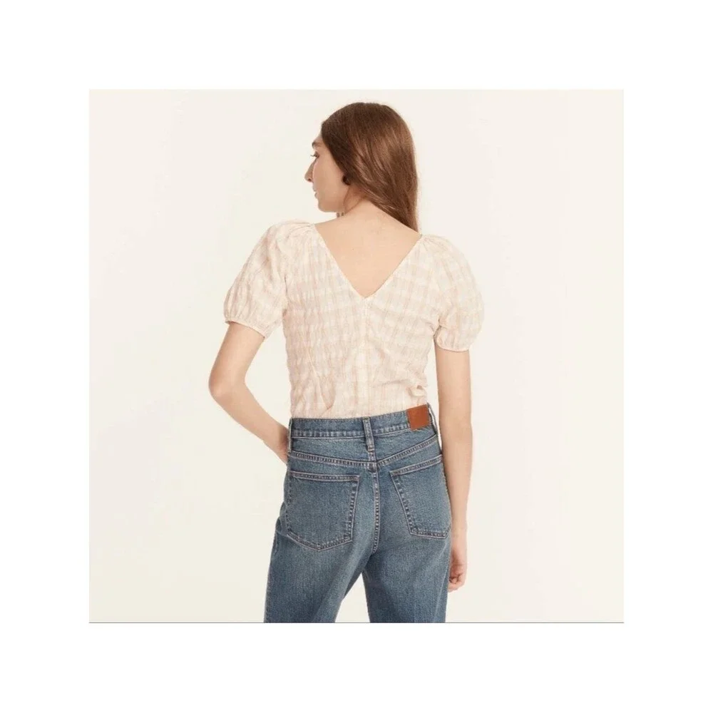 J. Crew V-back puff-sleeve top in textured plaid Size 2